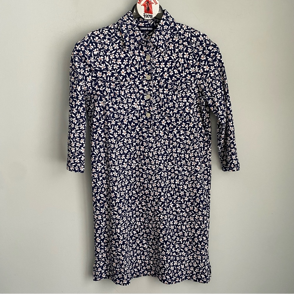 Lands' End Navy Blue Floral Shirt Dress Size S 6-8